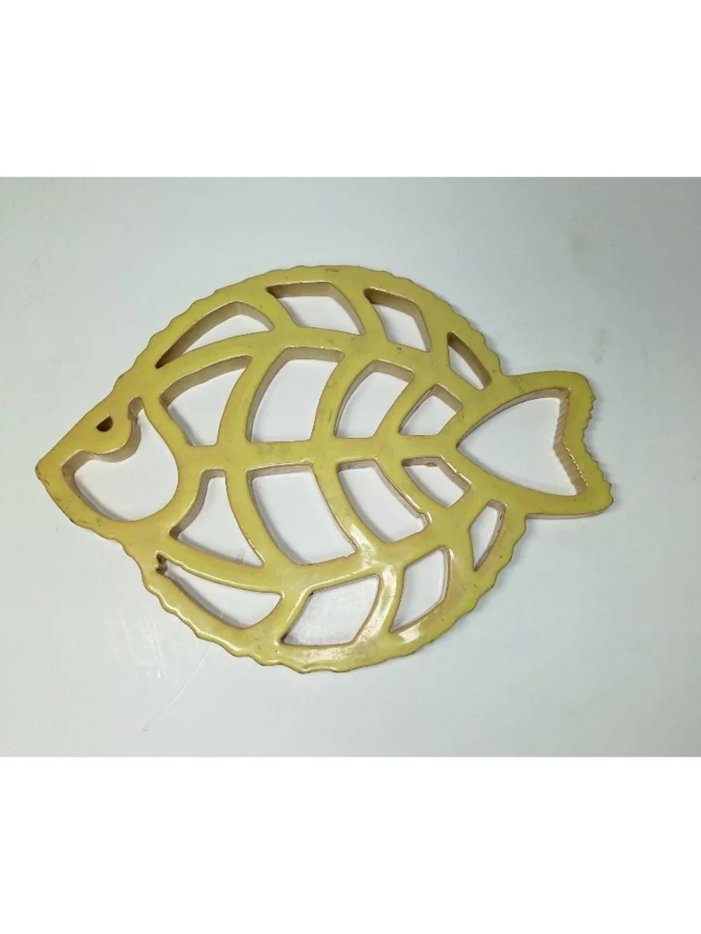 Handmade Terracotta Clay Art Pottery Openwork Fish Trivet Decor Yellow Coastal